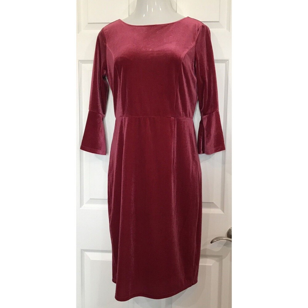 Crown & Ivy Women 12 Shimmer Velour Bell Sleeve Maiden Dress Zip V Back Red